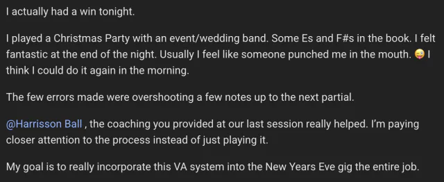 Member post about playing a Christmas party with an event band