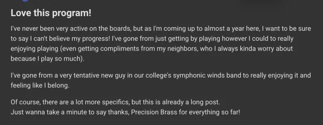 A member's post in the Precision Brass community titled Love this program