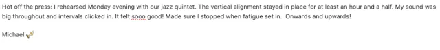 Note from Michael about rehearsing with his jazz quintet