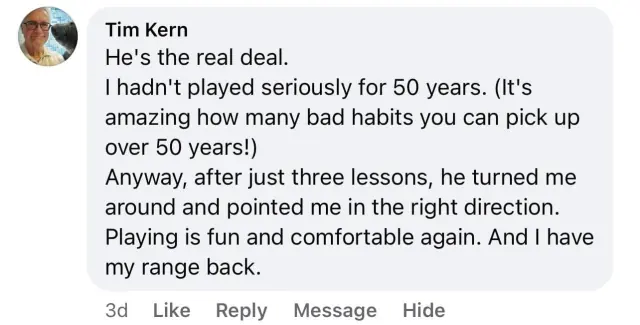 Comment from Tim Kern about getting his range back after three lessons