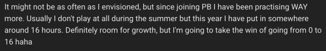 Member post about practicing far more since joining